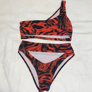 SHEIN red & black, tiger/tie dye one shoulder w/cut outs bathing suit Sz Medium